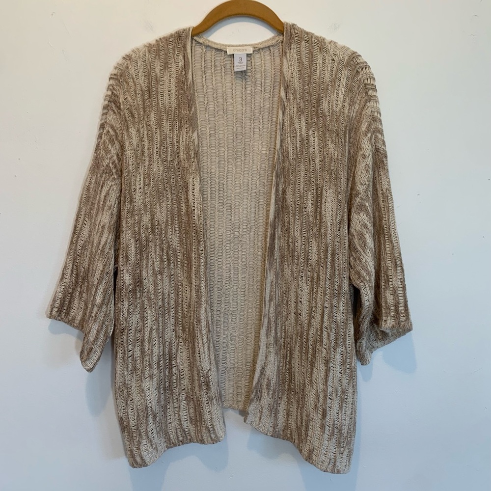 Chico’s Neutral Open Crochet Knit Fall Cardigan 3